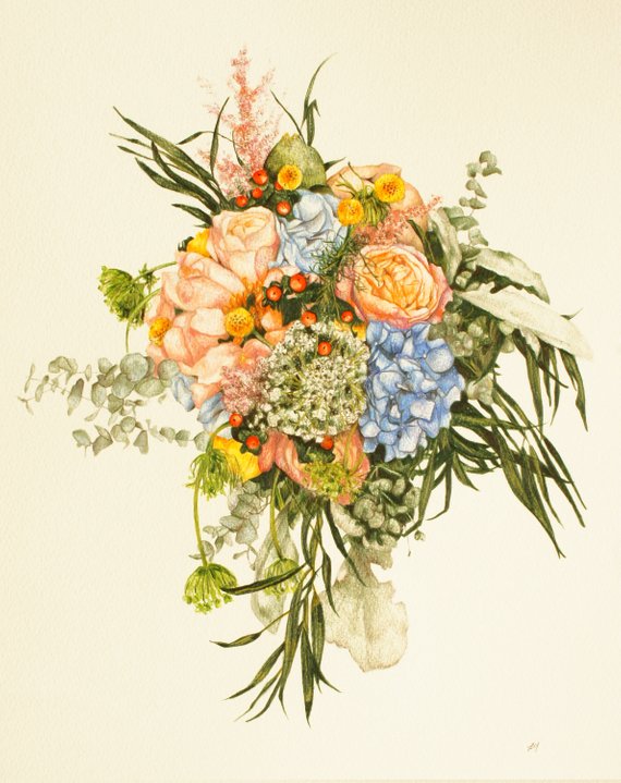 570x719 custom wedding bouquet drawing etsy - Wedding Bouquet Drawing