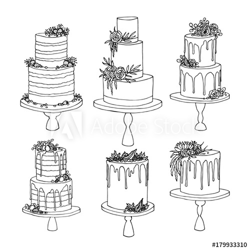 500x500 vector sketch of trending wedding cakes with floral and fruit - Wedding Cake Black And White Drawing