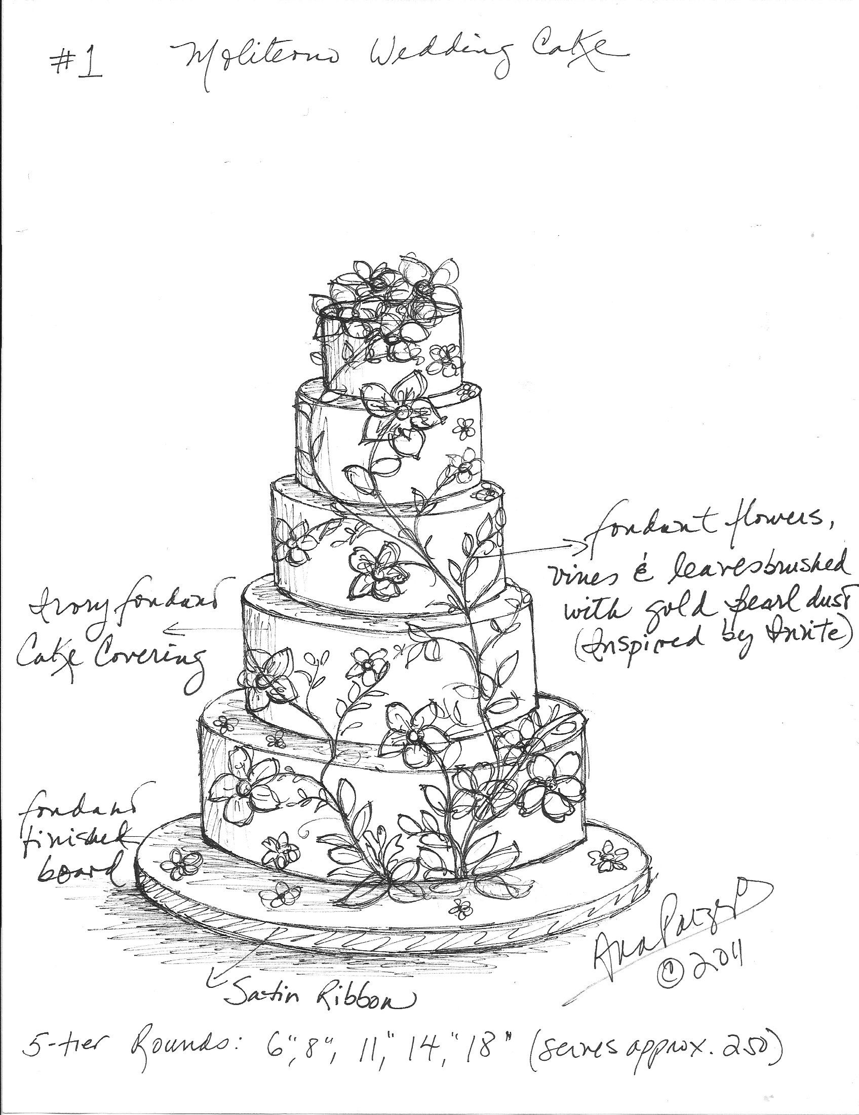 1696x2200 custom wedding cake sketch for jennifer and murat's cake! - Wedding Cake Black And White Drawing