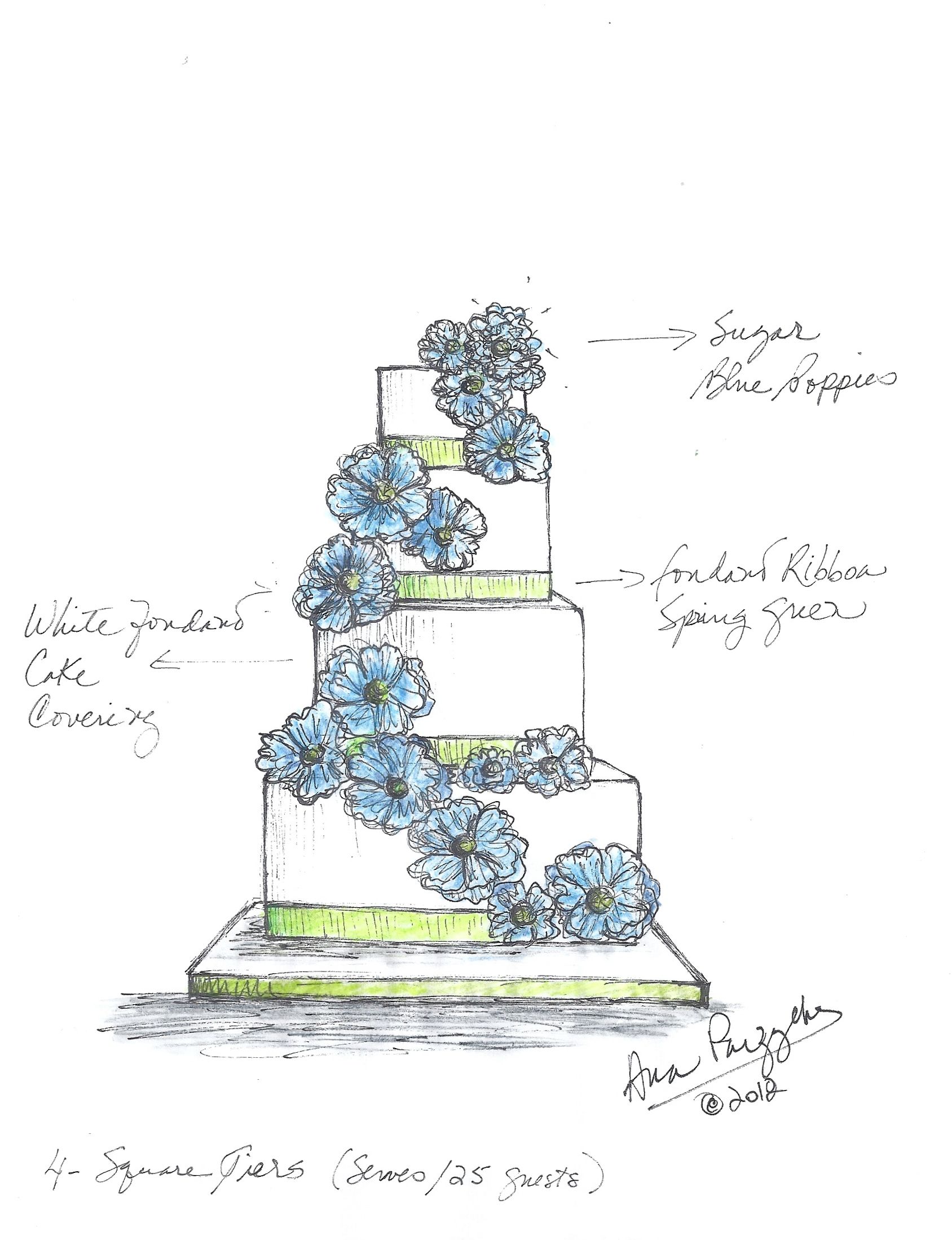 1688x2198 blue poppies wedding cake sketch sketches - Wedding Cake Drawing