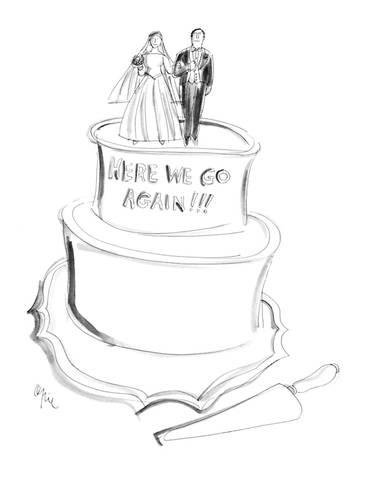 366x488 bride and groom atop a wedding cake that reads, 'here we go again - Wedding Cake Line Drawing