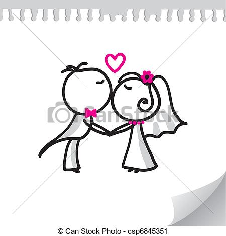450x469 Cartoon Wedding Couple On Realistic Paper Sheet - Wedding Cartoon Drawing