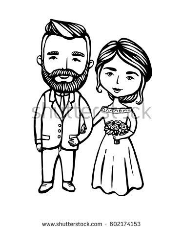 375x470 hipster groom with mustache, beard with bride doodle vector - Wedding Cartoon Drawing
