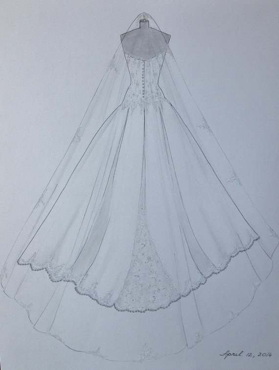 570x755 custom wedding dress sketch back wedding dress hand drawing etsy - Wedding Dress Drawing