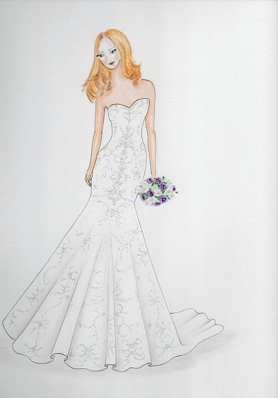 570x815 custom bride portrait, original bride in wedding dress drawing - Wedding Dress Drawing