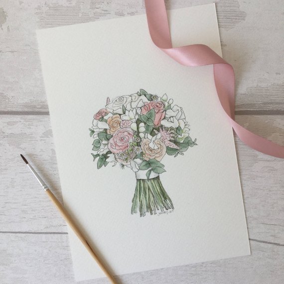 570x570 Custom Wedding Bouquet Flowers Illustration Painting Drawing Etsy - Wedding Flowers Drawing