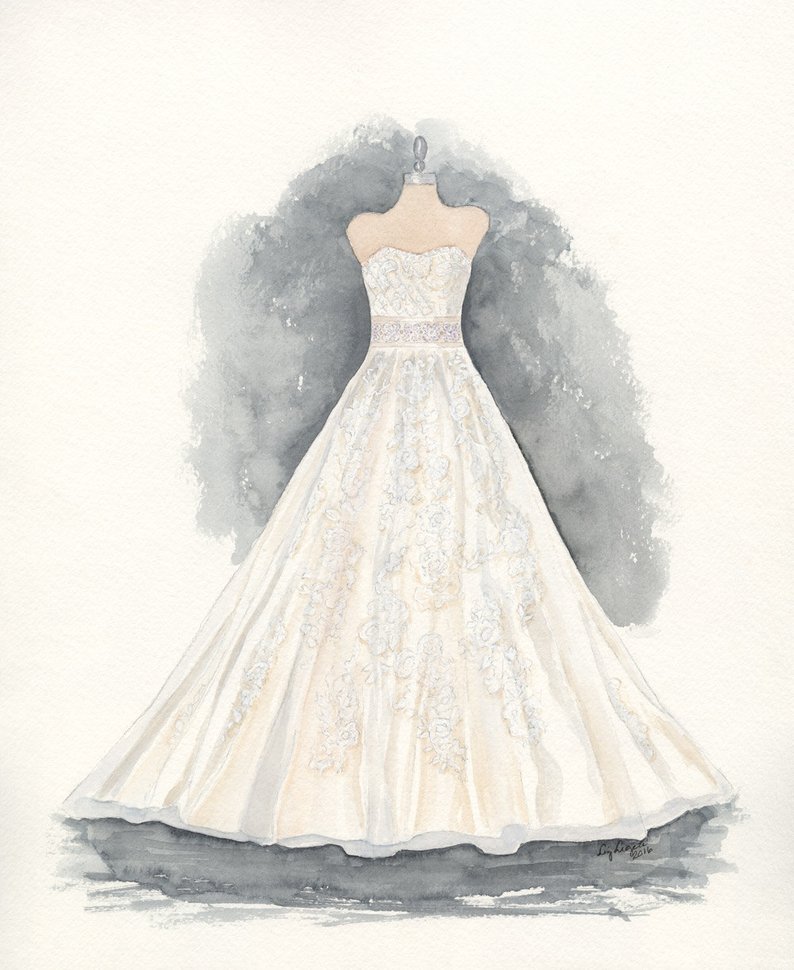 794x970 Custom Wedding Dress Painting Dress Drawing Holiday Gift Etsy - Wedding Gown Drawing