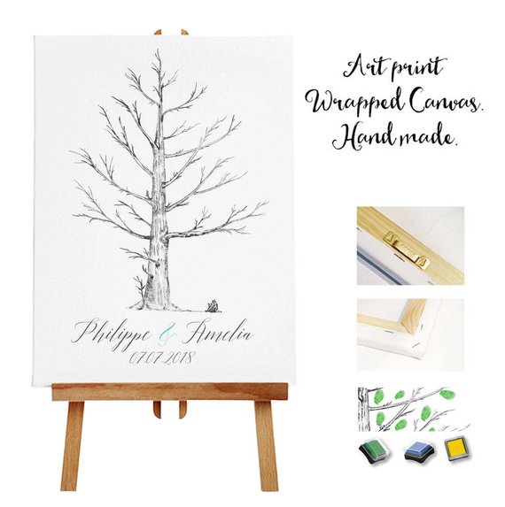 570x573 Art Print Wrapped Canvas Ink Pads Wedding Tree Guest Etsy - Wedding Tree Drawing