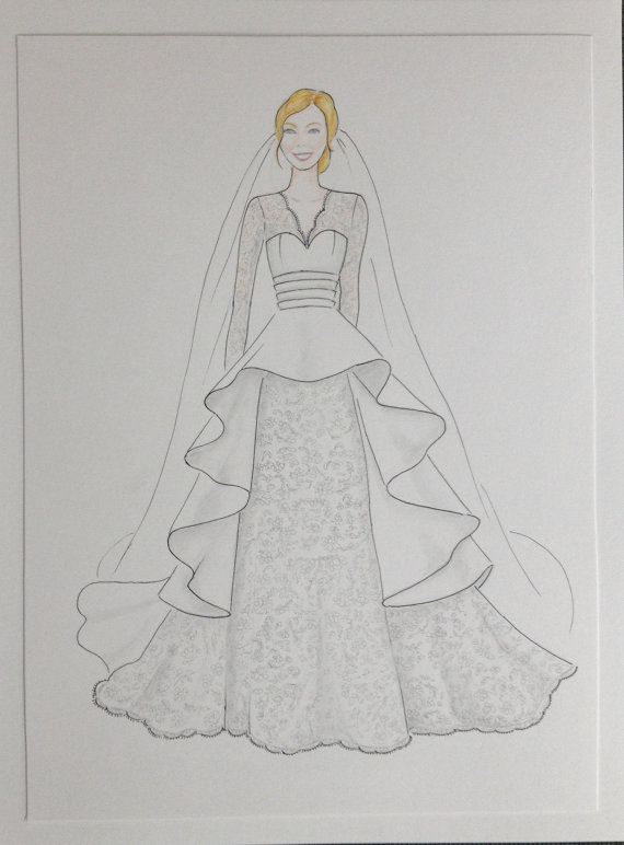 570x772 custom bride portrait, bride with veil original drawing, paper - Wedding Veil Drawing