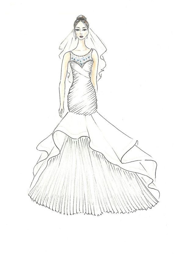 570x847 custom bride with veil sketch wedding dress illustration - Wedding Veil Drawing