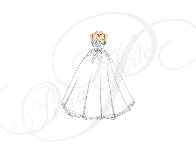794x611 Wedding Dress Illustration Personalized Wedding Gift Custom Etsy - Wedding Veil Drawing