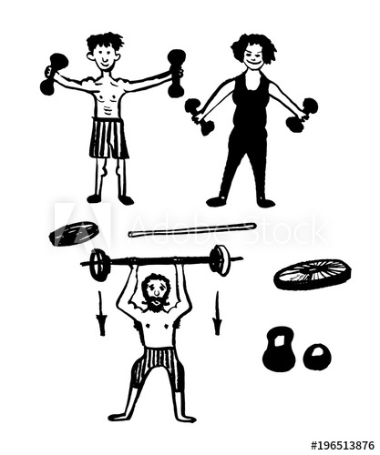 417x500 drawing set of pictures of cheerful athletes, men and women - Weightlifting Drawing