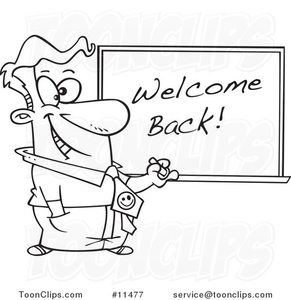 581x600 cartoon line drawing of a teacher writing welcome back on a board - Welcome Drawing Images