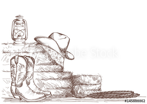 500x354 hand draw cowboy background with western boots and west hat - Western Cowboy Drawings