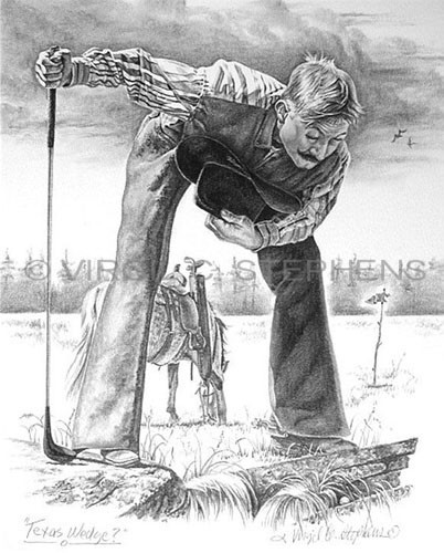 402x500 pencil drawing, western art, fine art, print, cowboy, cowboy golf - Western Drawings