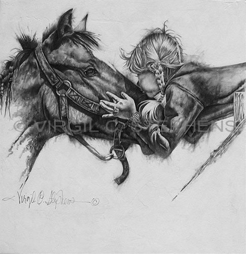 485x500 stephens drawing western cowgirl kissing her horse print - Western Drawings