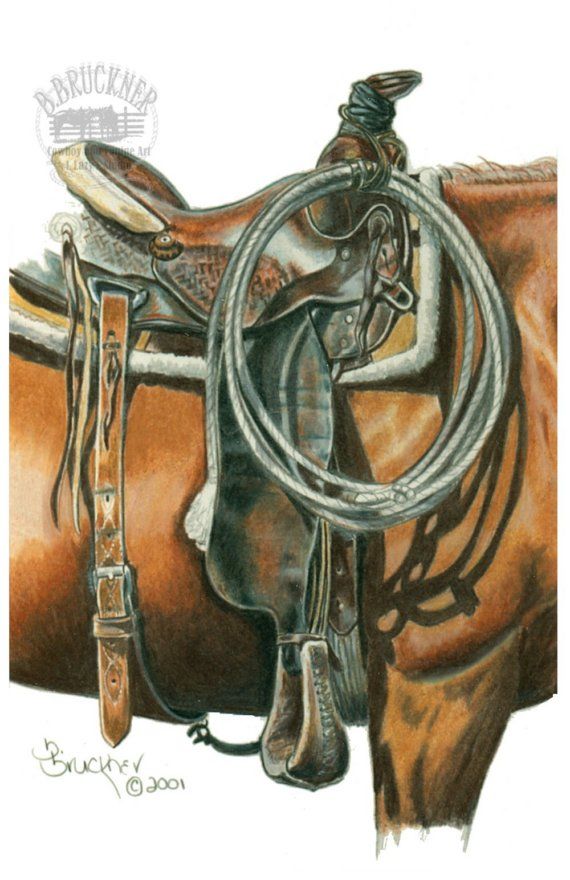 570x880 saddle detail western art print from colored pencil drawing b - Western Saddle Drawing