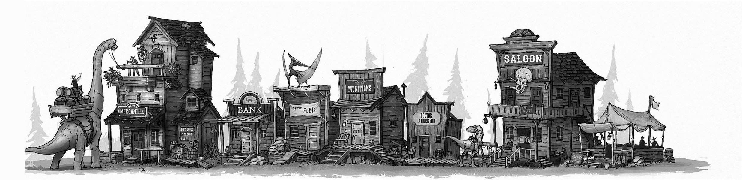 2475x600 Old West Town Western Dinos In Dinosaur Art, Dinosaur - Western Town Drawing