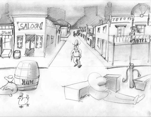 615x475 Thomas Koet Sketches For Cowboys And Indiand Sand Sculpture Theme - Western Town Drawing