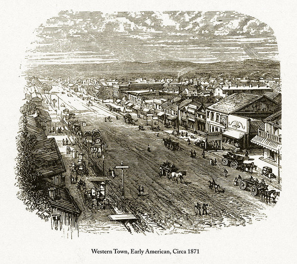 599x532 Western Town, Early American Engraving, Circa Art Print - Western Town Drawing
