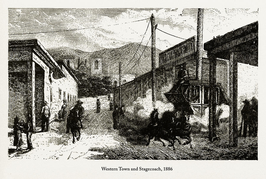900x605 Western Town And Stagecoach, Early American Engraving - Western Town Drawing