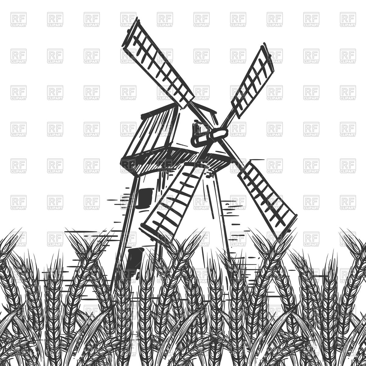 1200x1200 farm landscape with hand drawn mill and wheat ears vector image - Wheat Drawing