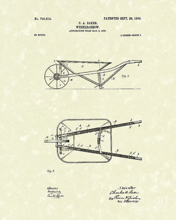 600x750 Wheelbarrow Patent Art Art Print - Wheelbarrow Drawing