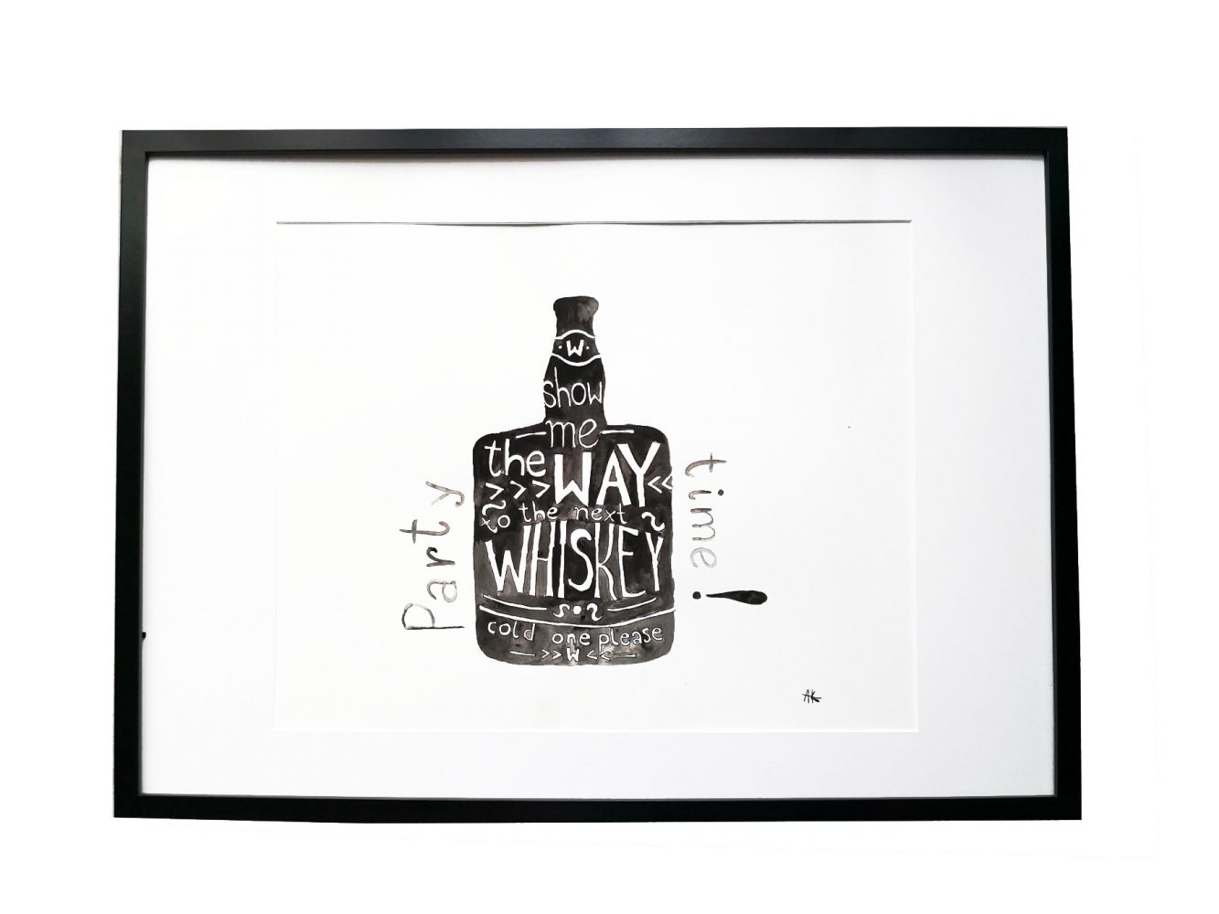 1333x1000 watercolor hand painted whiskey bottle with texts, party time - Whiskey Bottle Drawing