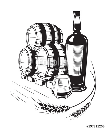 413x500 sketch whiskey bottle and glass and barrel hand drawn drink - Whiskey Drawing