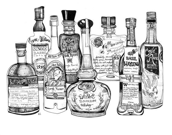 570x448 top shelf bourbon bottles rye whiskey line drawing - Whiskey Drawing
