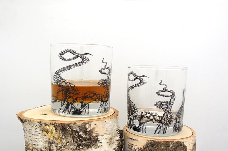 794x527 octopus tentacles screen printed whiskey glass set of two etsy - Whiskey Glass Drawing