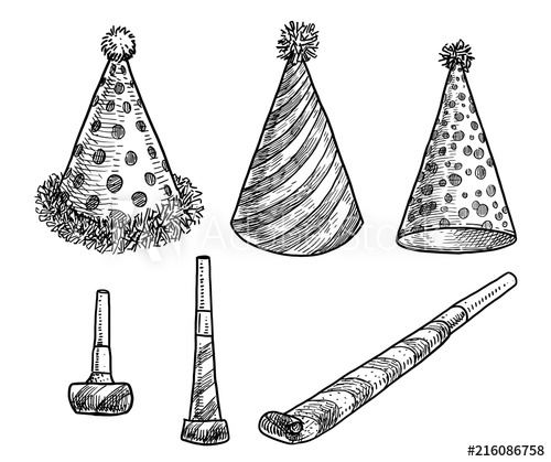 500x419 party hat and blower whistle illustration, drawing, engraving, ink - Whistle Drawing