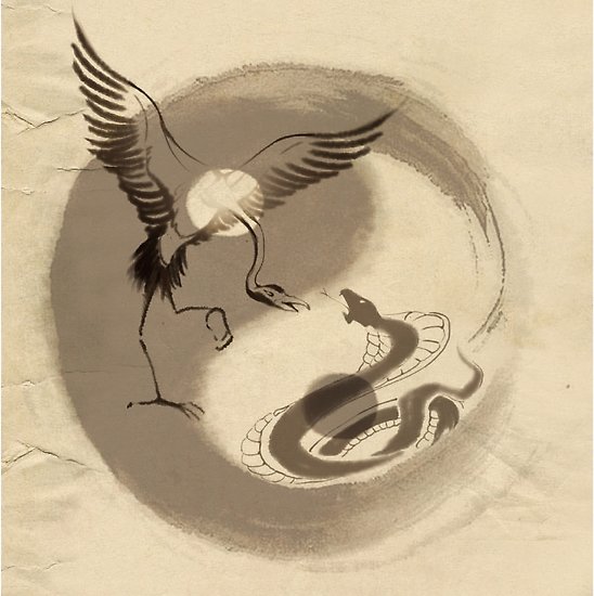 548x550 crane vs snake yin yang tai chi calligraphy t shirt posters - White Crane Drawing