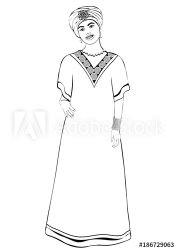 354x500 Girl In African National Costume Standing Front Side, Vector - White Dress Drawing