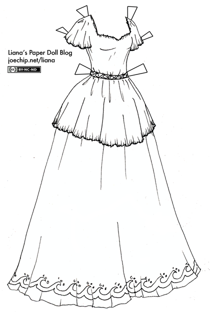420x626 Black And White Short Sleeved Princess Gown With Wave Patterns - White Dress Drawing