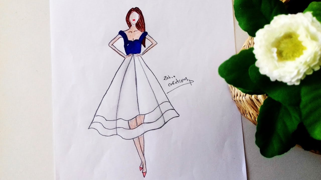 1280x720 Blue White Dress Drawing - White Dress Drawing
