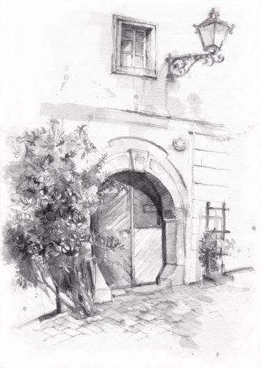 375x528 The Gate Of Old House Drawing - White House Drawing