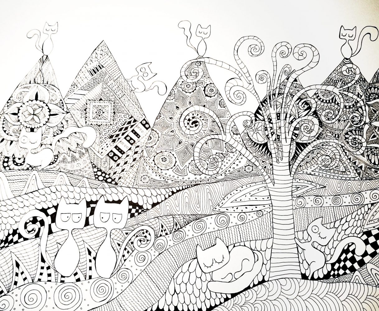1218x1000 drawing exclusive line handmade cats in patterned mountains town - White Line Drawing