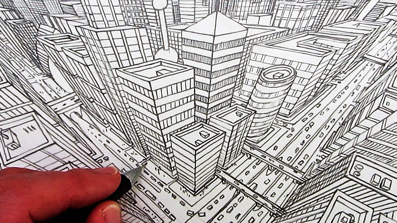 1280x720 How To Draw A City In Point Perspective - White Line Drawing
