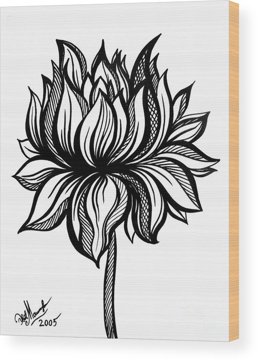 530x740 Lotus Flower Black White Drawing Wood Print - White Lotus Flower Drawing