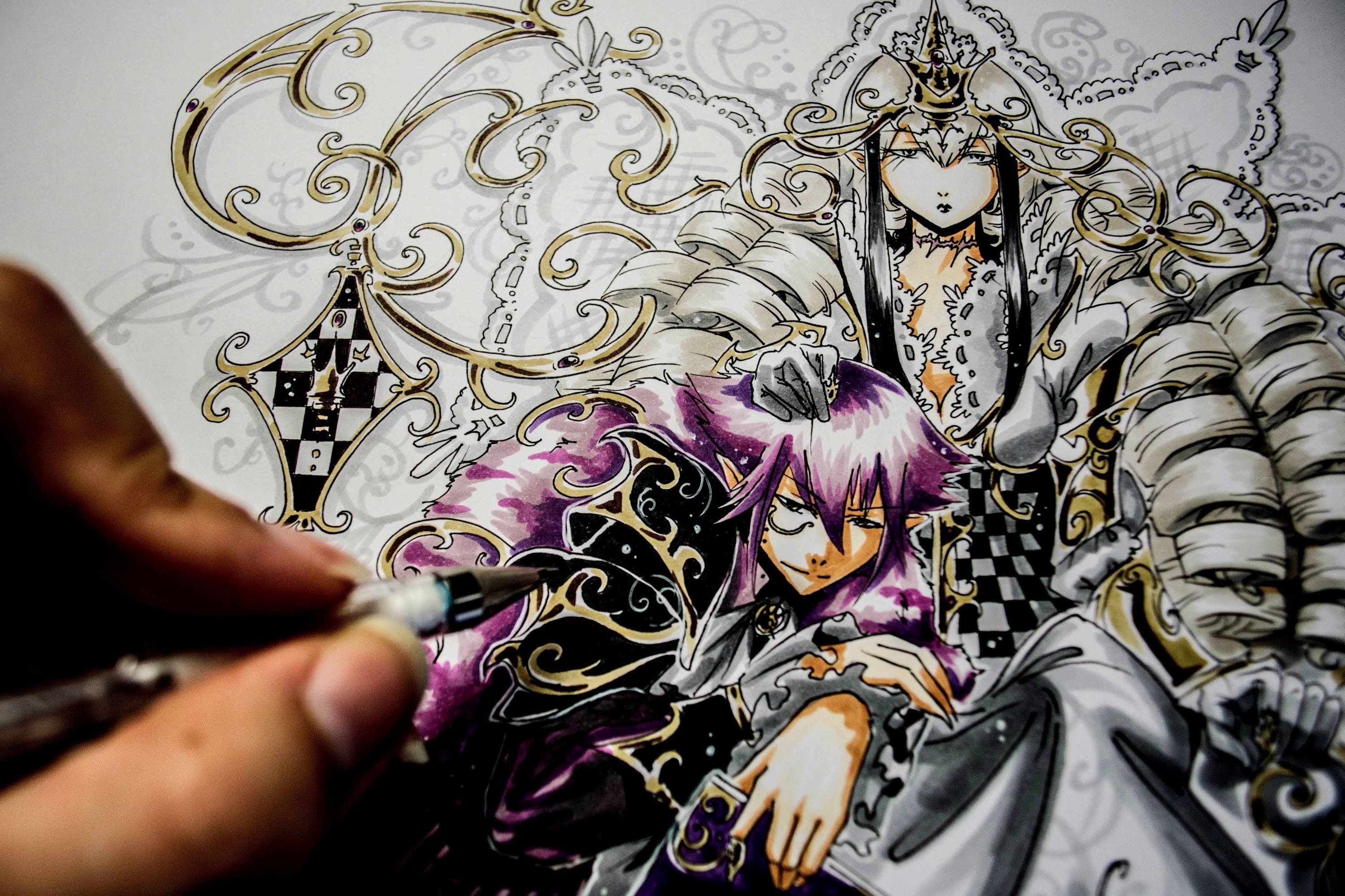 3000x2000 drawing the white queen and cheshire cat with copic markers - White Queen Drawing