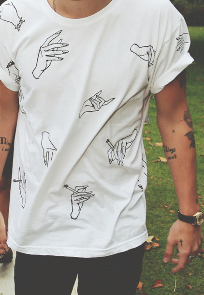 422x610 t shirt, tumblr, hands, smoking, shirt, white, black, cotton - White Shirt Drawing