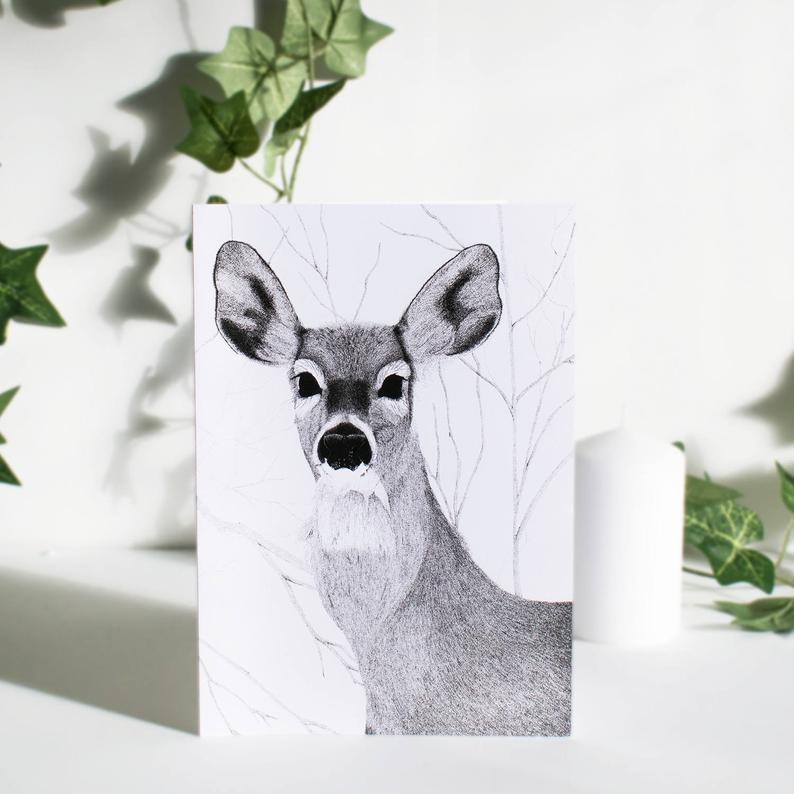 794x794 Animal Card Featuring A White Tailed Deer Blank Greeting Etsy - White Tailed Deer Drawing