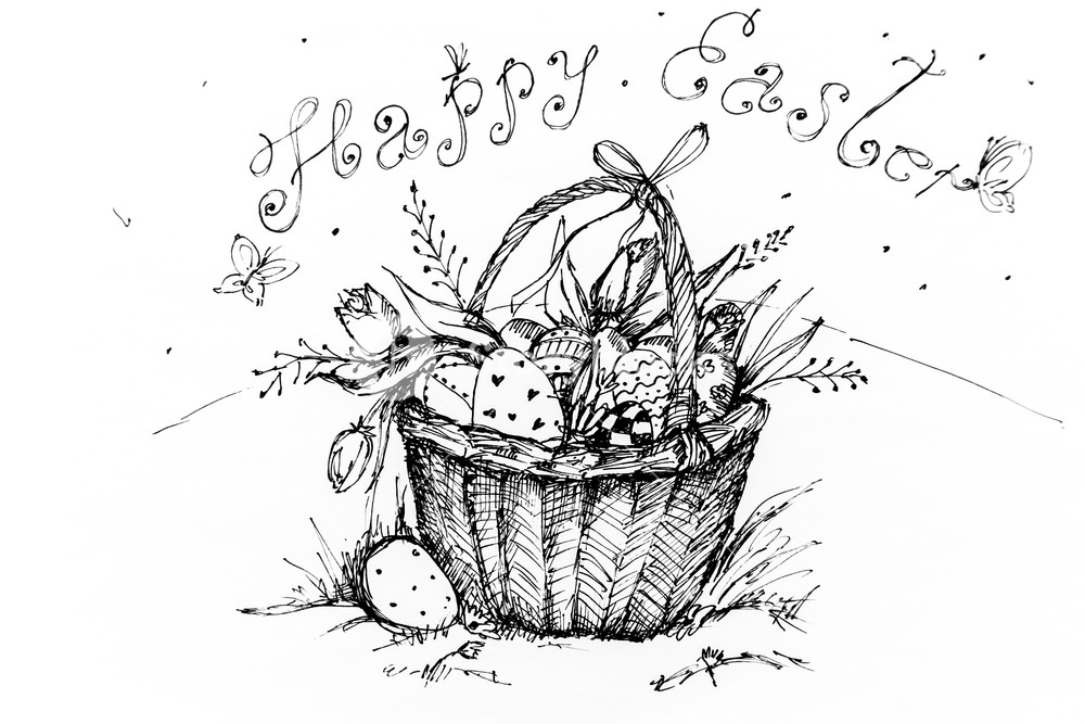 1000x667 postcard drawing of a wicker basket with easter eggs happy easter - Wicker Basket Drawing