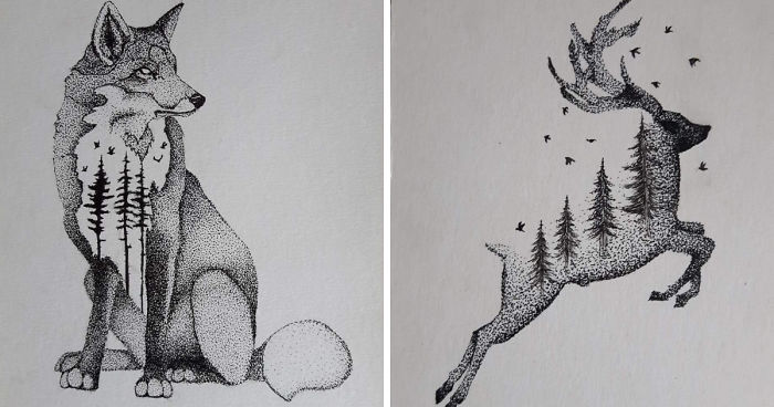 700x368 i draw wild animals using dots and double exposure bored panda - Wild Animals Drawing