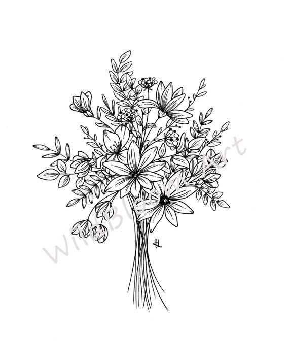 570x713 wildflower bouquet line drawing, hand drawn florals, illustration - Wildflower Bouquet Drawing