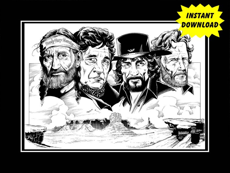 794x596 Vintage Willie Nelson Johnny Cash Illustration Poster Gift Etsy - Willie Nelson Drawing