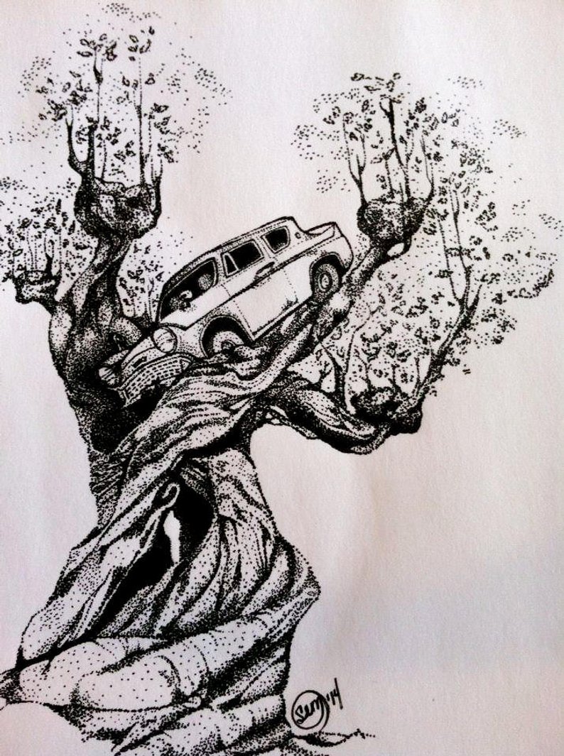 794x1065 original harry potter whomping willow and flying car etsy - Willow Drawing.