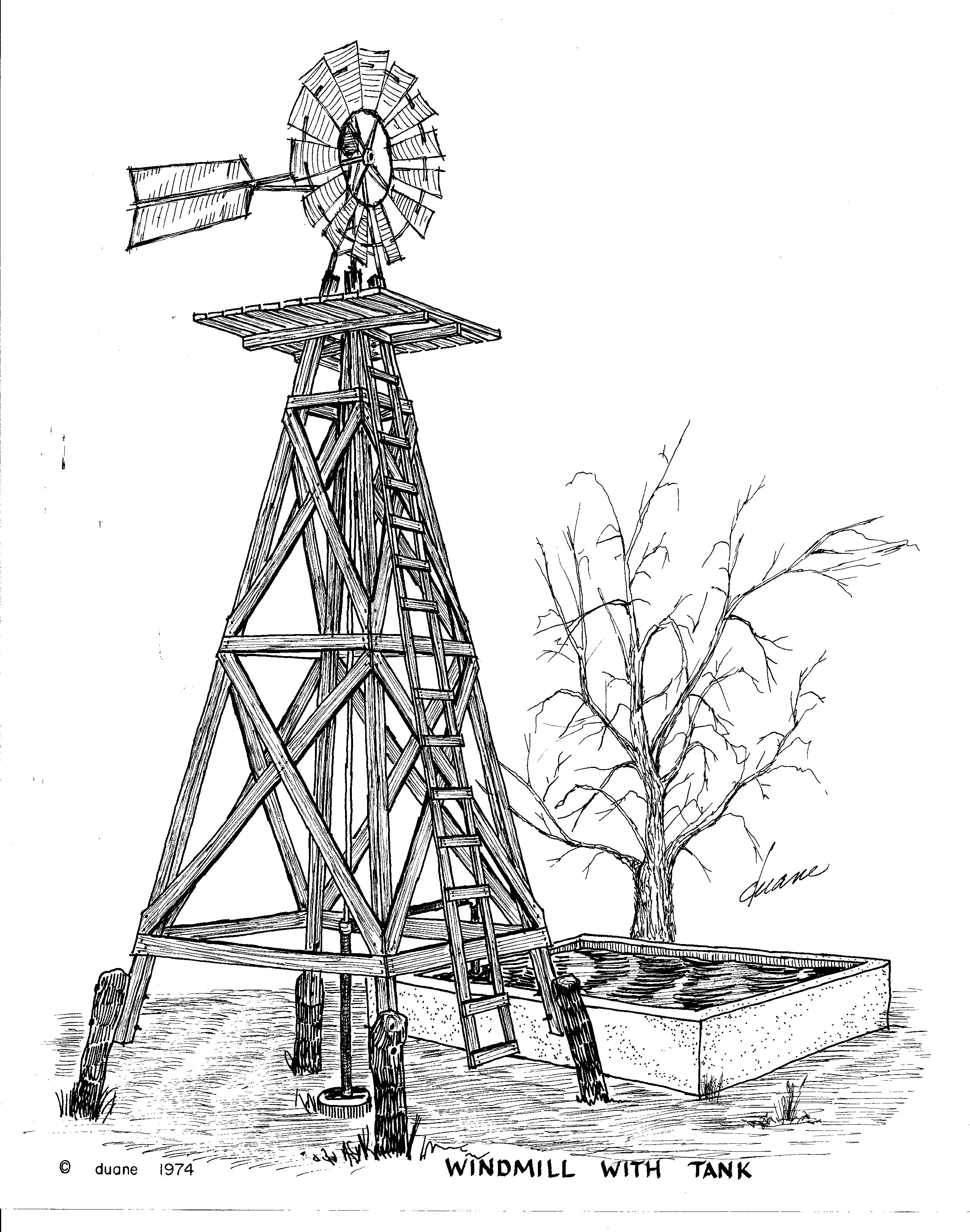 2550x3239 metal windmill with wooden tower and concrete water tank pen - Windmill Drawing