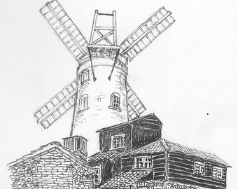 340x270 windmill drawing etsy - Windmill Drawing